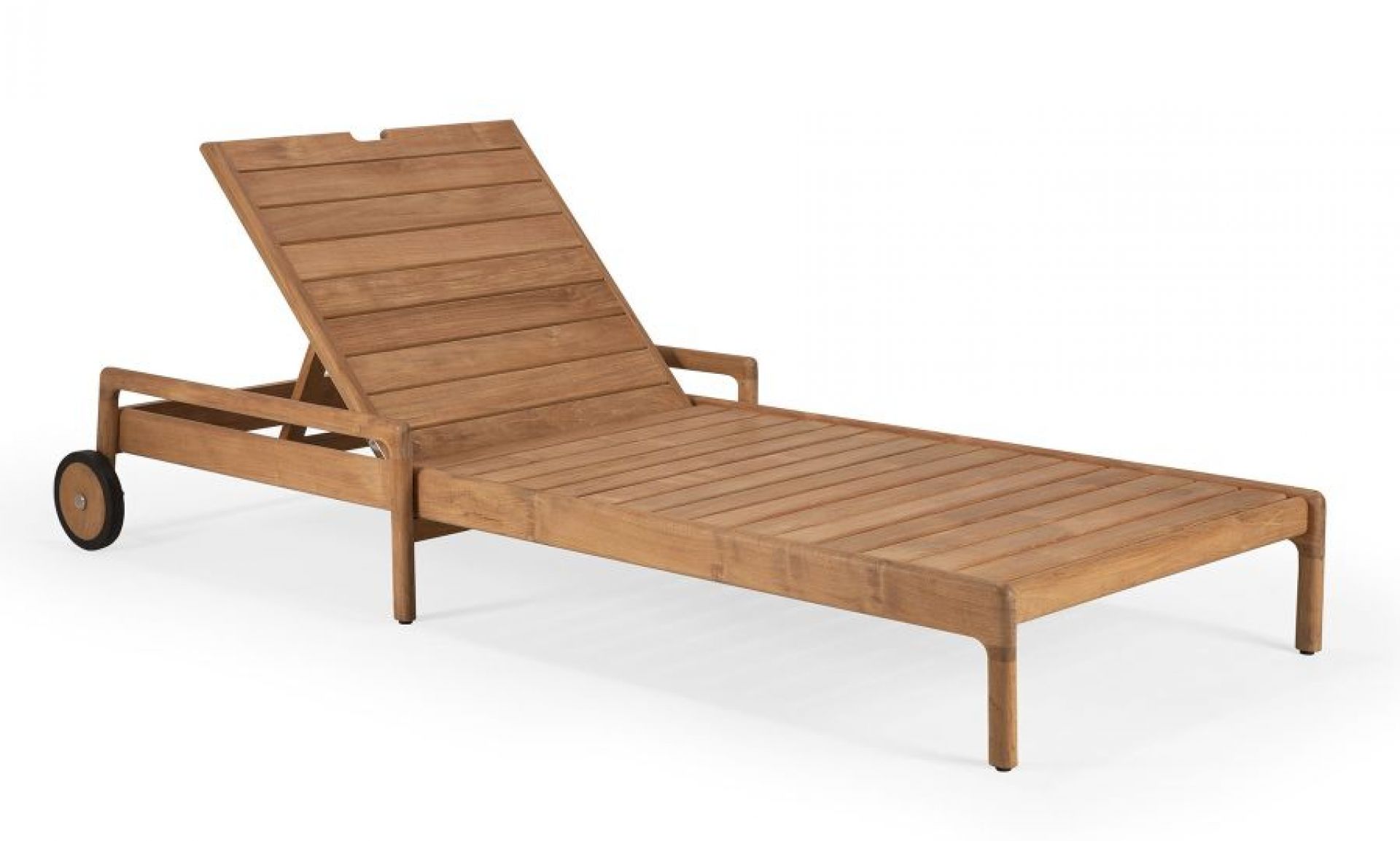Jack Outdoor Liege aus Teakholz mit verstellbarer Rückenlehne und Rädern. Gartenliege für den Außenbereich.